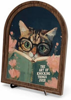 Funny Cat Decor Arched Wood Frame Tabletop Sign, Vintage Reading Cat Art Decor with Stand, Rustic Shelf Desk Mantel Accent for Bathroom Office Home by Unknown