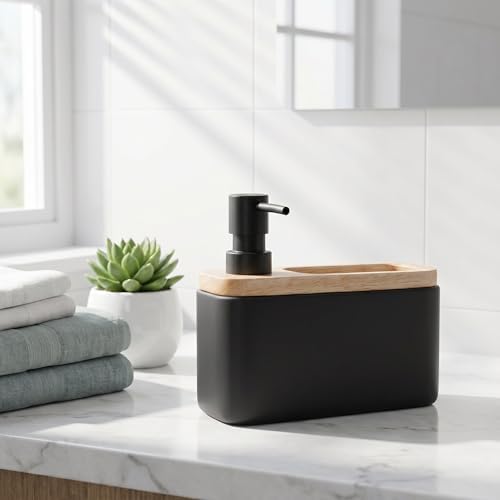 RQYIXI 2-in-1 Ceramic Soap Dispenser with Sponge Holder,Black,17 Oz - Image 2