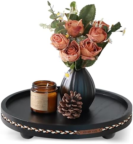 Round Wooden Decorative Tray Coffee Table Tray Home Decor 11.8" Strip Black by Unknown