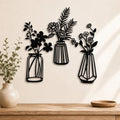 Qzmaikoo 3 Pieces Black Metal Flowers Wall Decor Vase Art Sculptures Hanging for Indoor Kitchen Bathroom Dining Room Patio, 14.56x7.48 Inches by qzmaikoo