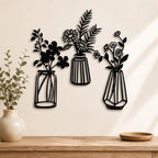Qzmaikoo 3 Pieces Black Metal Flowers Wall Decor Vase Art Sculptures Hanging for Indoor Kitchen Bathroom Dining Room Patio, 14.56x7.48 Inches by qzmaikoo