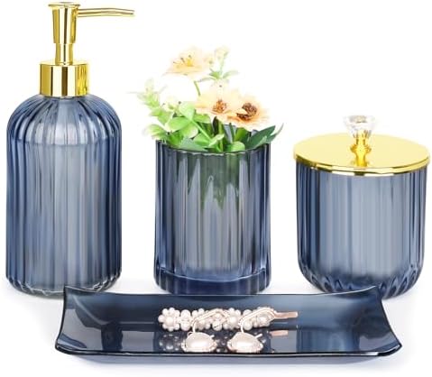 Haturi Glass Bathroom Accessories Set, Blue Bathroom Set, 4 Pcs by Haturi