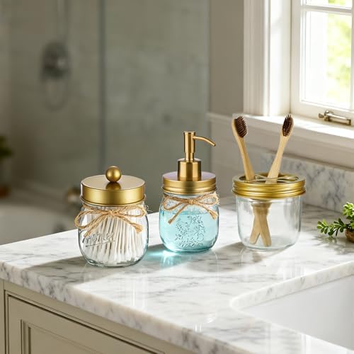 Amolliar Glass Mason Jar Bathroom Accessories Set 4 Pcs (Gold) - Image 7