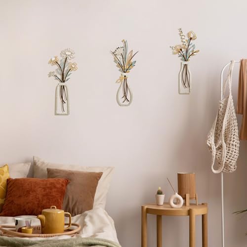 Pigort 3 Pieces Metal Flowers Wall Art- Rustic Farmhouse Decor Minimalist Decor for Living Room Bathroom Bedroom Dining Room, Housewarming Gifts Christmas Decoration(Beige, Vase-C) - Image 5