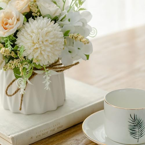 TKAS Artificial Faux Silk Fake Flowers Arrangement, Small Realistic Roses & Hydrangea in Ceramic Vase, Dining Table Centerpiece for Wedding Party Home Decoration (White) - Image 3