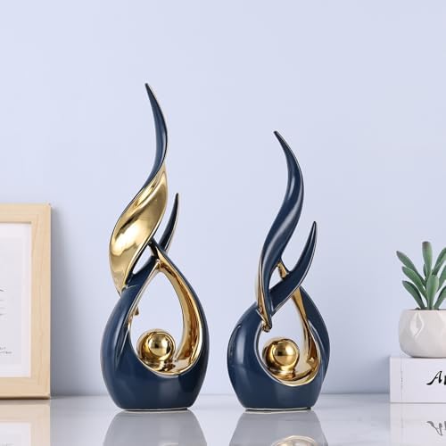 2 PCS Blue Gold Ceramic Statues For Home Decor Accents, Modern Abstract Art Sculptures, Elegant Tabletop Decorative Objects For Dining Room, Entryway, Tv Stand, Mantel, Coffee Table Centerpieces - Image 4