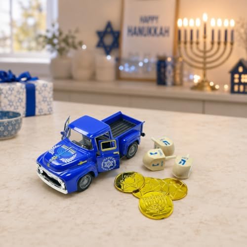 Hanukkah Truck Decor with 3 Wooden Dreidels and Gold Gelt Coins, 5.7-Inch - Image 2