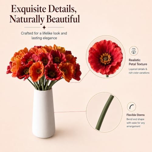 Mandy's 30 Stems Red and Orange PU Poppy Artificial Flowers - Image 4