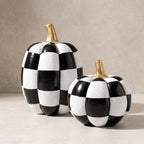 Black and White Checkered Pumpkins with Gold Stem for Halloween Decor by CRPQX