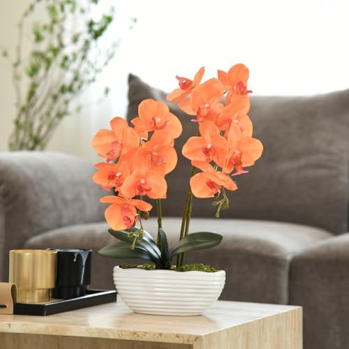 Large Artificial Orchid Arrangement in Oval Ribbed Ceramic Pot, Orange - Image 3