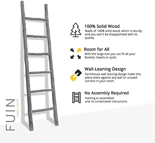 FUIN Blanket Ladder, 6ft Rustic Solid Wood Decorative Ladder, Light Grey - Image 7