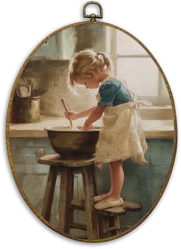 CUANFDDSF Vintage Rustic Kitchen Oval Wall Art Decor, Rustic Farmhouse Wall Hanging Decor, Cozy Cottagecore French Kitchen Little Girl Cooking Framed Canvas Prints for Dining Room Home, 8.6x11.4 Inch by CUANFDDSF
