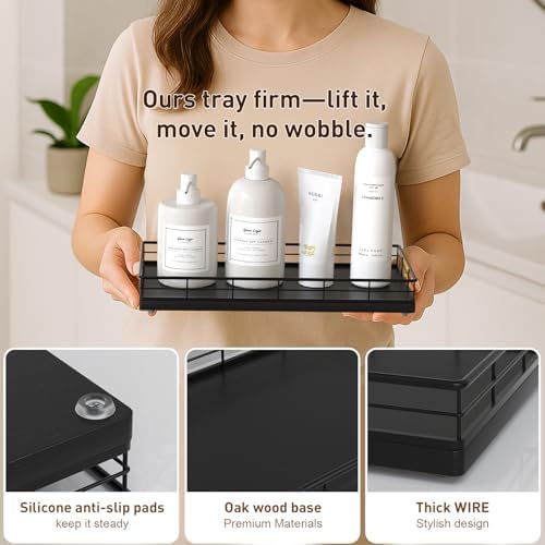 Toilet Paper Basket Organizer, Oak Wood Toilet Tank Tray with Metal Frame - Image 5