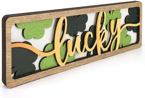 Vintage Happy St. Patrick's Day Decorations for Office, Home, Table, Mantel, Shelf, Desk, 3 1/2 x 11 Inch Retro Lucky Sign, Wooden Saint Patrick Decor Sign, Farmhouse Green Decoration (Lucky) by COCHIE