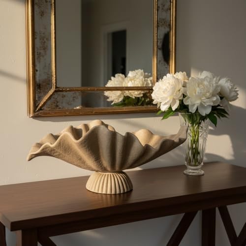 16" Large Decorative Bowl decor , Modern Home Decoration Scallop Bowl,Fashion Key Bowl for Entrance Table, Decorative Fruit Bowl for Kitchen Counter, Ruffle Decor, With Base, Artificial Stone Beige - Image 2