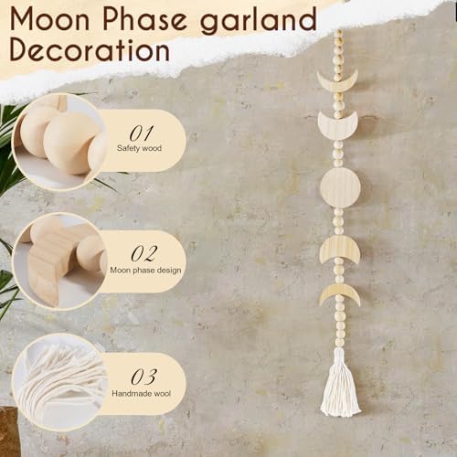 Wooden Moon Phase Wall Hanging, Celestial Bedroom Decor Aesthetic Boho for Home (Beige) - Image 2