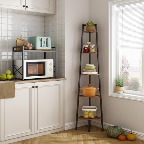 Hoctieon Corner Shelf, 5-Tier Corner Bookshelf, Rustic Ladder Shelf, Industrial Display Stand for Living Room, Kitchen, Home Office, Balcony, Small Space, Metal Frame, Rustic Brown - Image 4
