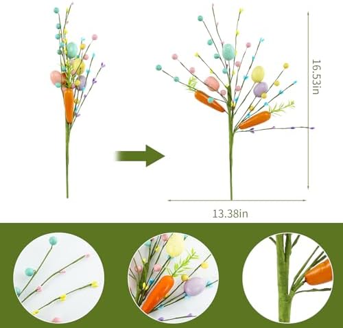 5pcs Artificial Easter Flower Picks 16.5in Spring Fake Berries Floral Stems with Easter Egg Carrot for Table Centerpieces Home Party Vase Flower Arrangement Easter Decor - Image 2