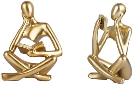 2-Piece Gold Resin Seated Reading Figurines with Books, Bookshelf Decor by SunshineDecor