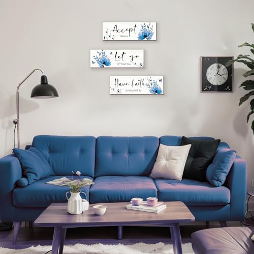 3 Pcs Blue Bathroom Decor Rustic Flower Wall Art Accept Let Go Have Faith Farmhouse Bedroom Wall Decor Wooden Inspirational Quotes Decorations for Living Room Bathroom Bedroom(Blue, 12 x 4 Inches) - Image 6