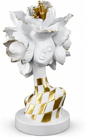 Lescafita White and Gold African Lady Sculpture – Elegant Resin Figurine with Floral Crown, Modern African Art Decor for Living Room, Cultural Gift for Women by LESCAFITA