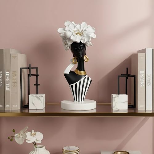 Lescafita African Woman Art Sculpture with White Flower Crown, Black and White Art Statue,Elegant African-Inspired Art Gift Suitable for Various Settings Such as Home, Bookshelves, desks, or Offices - Image 4