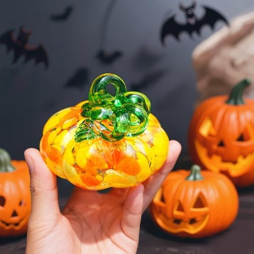 Hand Blown Glass Pumpkin Figurine Yellow Fall Thanksgiving Table Decor - Image 6