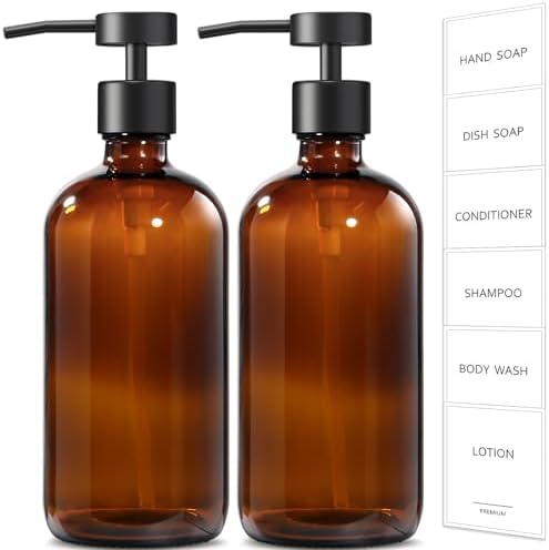 GMISUN Amber Glass Soap Dispenser, 2 Pack Bathroom Hand Soap Dispensers with Stainless Steel Flat Pump, 17 Fl Oz Kitchen Dish Soap Dispenser, Modern Vintage Liquid Brown Soap Dispensers Bottle Set by GMISUN