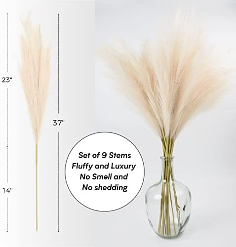 Faux Pampas Grass, 9 PCS 37''/3.1FT Tall Fluffy Fake Pompas Floral, Large Artificial Pompous Grass Branches for Floor Vase Fillers, Boho Farmhouse Room Wedding Decor - Image 3