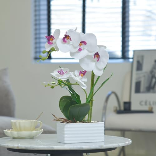 Artificial Real Touch Orchid Flowers with White Ceramic Vase, White - Image 3