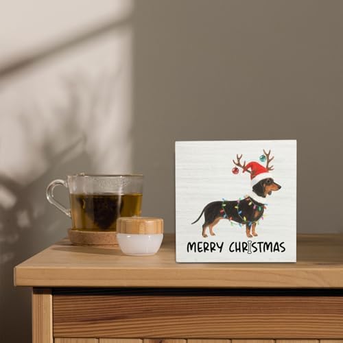 Dachshund Merry Christmas Wooden Box Sign Desk Decor, Weiner Dog Lover Gifts, Christmas Sausage Dog Wood Block Sign for Home Bedroom Office Desk Table Shelf Wall Decorations, 5x5 Inch - Image 4
