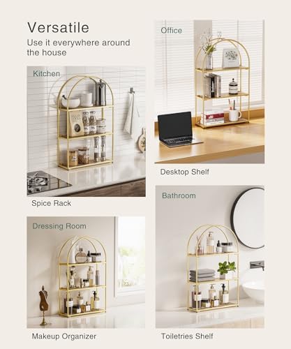 Crofy Gold Arched Frame Wall Shelf, Decorative 3 Tier Bathroom Wall Shelf with Walnut Finish Shelves and Robust Storage Capacity, 6" D x 17.9" W x 28.57" H - Image 6