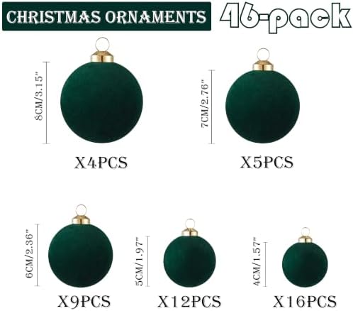 46Pcs Velvet Christmas Ball Ornaments Set - Flocked Shatterproof Christmas Tree Decorations Classic Hanging Ornaments with Rope for Xmas Wreath Holiday Home Decor (Multi-Size, Dark Green) - Image 2