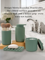 INGOFIN 4 Pcs Ceramic Bathroom Accessory Set - Liquid Soap Dispenser, Toothbrush Holder,Contain Cotton Swab Jar & Soap Dish,Countertop Accessories for Home, Guest Bathroom, Office, Matte Green - Image 3