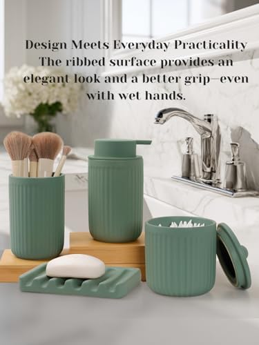 INGOFIN 4 Pcs Ceramic Bathroom Accessory Set - Liquid Soap Dispenser, Toothbrush Holder,Contain Cotton Swab Jar & Soap Dish,Countertop Accessories for Home, Guest Bathroom, Office, Matte Green - Image 3