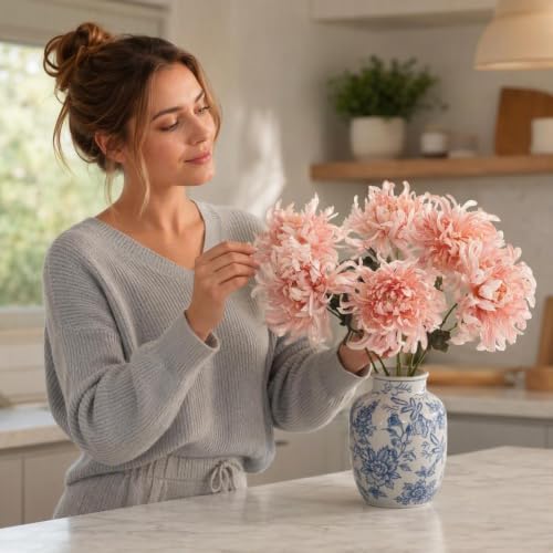 Artificial Chrysanthemum Silk Flowers, 6 Large Bloom Stems 19 Inch - Image 6
