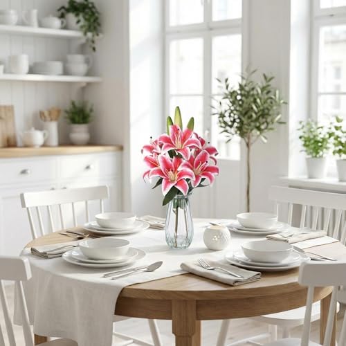 Garvee Faux Lily Flowers with Vase, 6 Heads Full Bloom Lily & 3 Buds, Long Stem Artificial Stargazer Lilies, Faux Tiger Bouquets in Glass Vase for Home Hotel Flower Arrangement Party Decor, Rose Red - Image 5