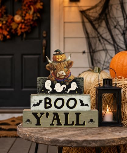 Putuo Decor Halloween Highland Cow Table Decor, Wooden Boo Yall Shelf Sign - Image 5