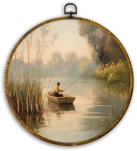 CUANFDDSF Vintage Fishing Round Wall Art, Fisherman In Rowboat Sunset Landscape Framed Hanging Wall Decor, Countryside Cottagecore Canvas Prints Decorations for Lake House Room, 10x10 Inch by CUANFDDSF