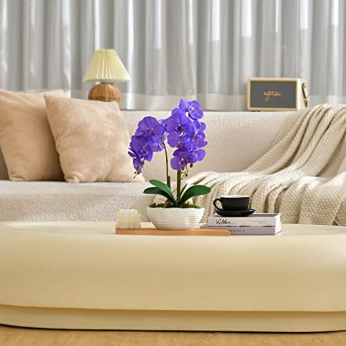 Large Artificial Orchid Arrangement in Oval Ribbed Ceramic Pot, Purple - Image 5