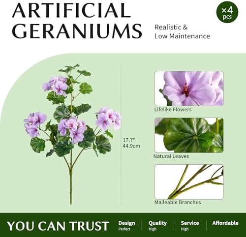 Artificial Geraniums for Outdoors, 4 Stems 17.7 Inch Purple Faux Geranium Bush Fake Flowers UV Resistant Fall Porch Patio Garden Planter Window Box Indoor Decor, Pot Not Included - Image 2
