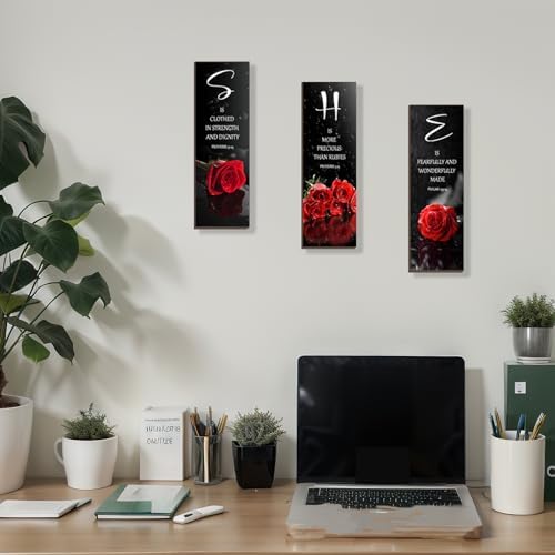 DONFENTHY 3 Pcs Red Bedroom Decor Red Rose Wooden Wall Decor Red Bathroom Inspirational Farmhouse Office Decor With SHE Bible Words Signs For Women Girl Bedroom Home (12x4Inch) - Image 6