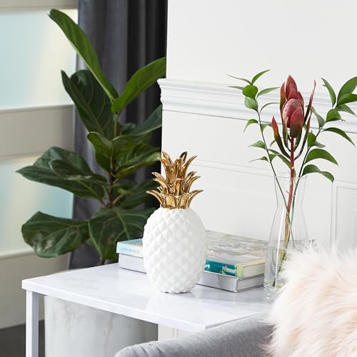 CosmoLiving by Cosmopolitan Porcelain Ceramic Fruit Decorative Sculpture Pineapple Home Decor Statue with Gold Leaves, Accent Figurine 4" x 4" x 10", White - Image 3