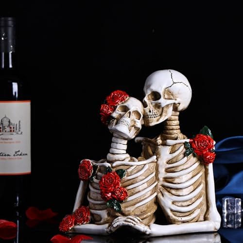 Halloween Skeleton Decor, Gothic Skeleton Couple Resin Statue with Roses - Image 5