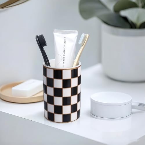 Checkered Bathroom Toothbrush Holder, Bathroom Black and White Ceramic Toothbrush Holder, Modern Toothbrush Box, Used for Bathroom countertop Storage Rack, Checkered Bathroom Decoration (Black) - Image 6