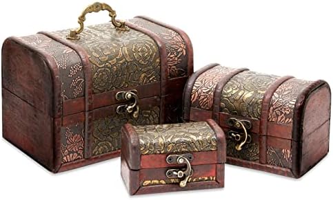 Juvale Wooden Treasure Chest Set - 3 Nesting Boxes, Brown Floral - Decorative Storage & Jewelry Box with Hinged Lid, Vintage Antique Decor by Juvale