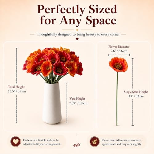 Mandy's 30 Stems Red and Orange PU Poppy Artificial Flowers - Image 3