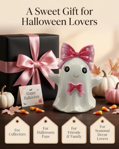 Cute Halloween Ghost Figurine with Pink Bow Tabletop Decor (Pink Ghost) - Image 2