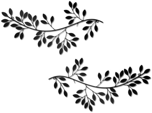 ESTART 2 Pieces Metal Tree Leaf Wall Decor Vine Olive Branch Leaf Wall Art Ornament Wall Hanging Sign for above Door, Living Room, Office, Indoor and Outdoor Decoration (Black A) by ESTART