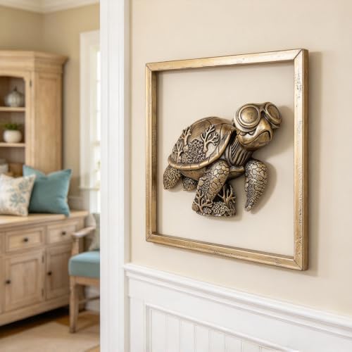 Newinhome Animal Heads Wall Decor (Includes Metal Frame) Resin sea turtle Sculptures Wall Hanging Decoration Gold vintage Wall Sculpture for Living Room Bedroom Office(Turtle) - Image 4